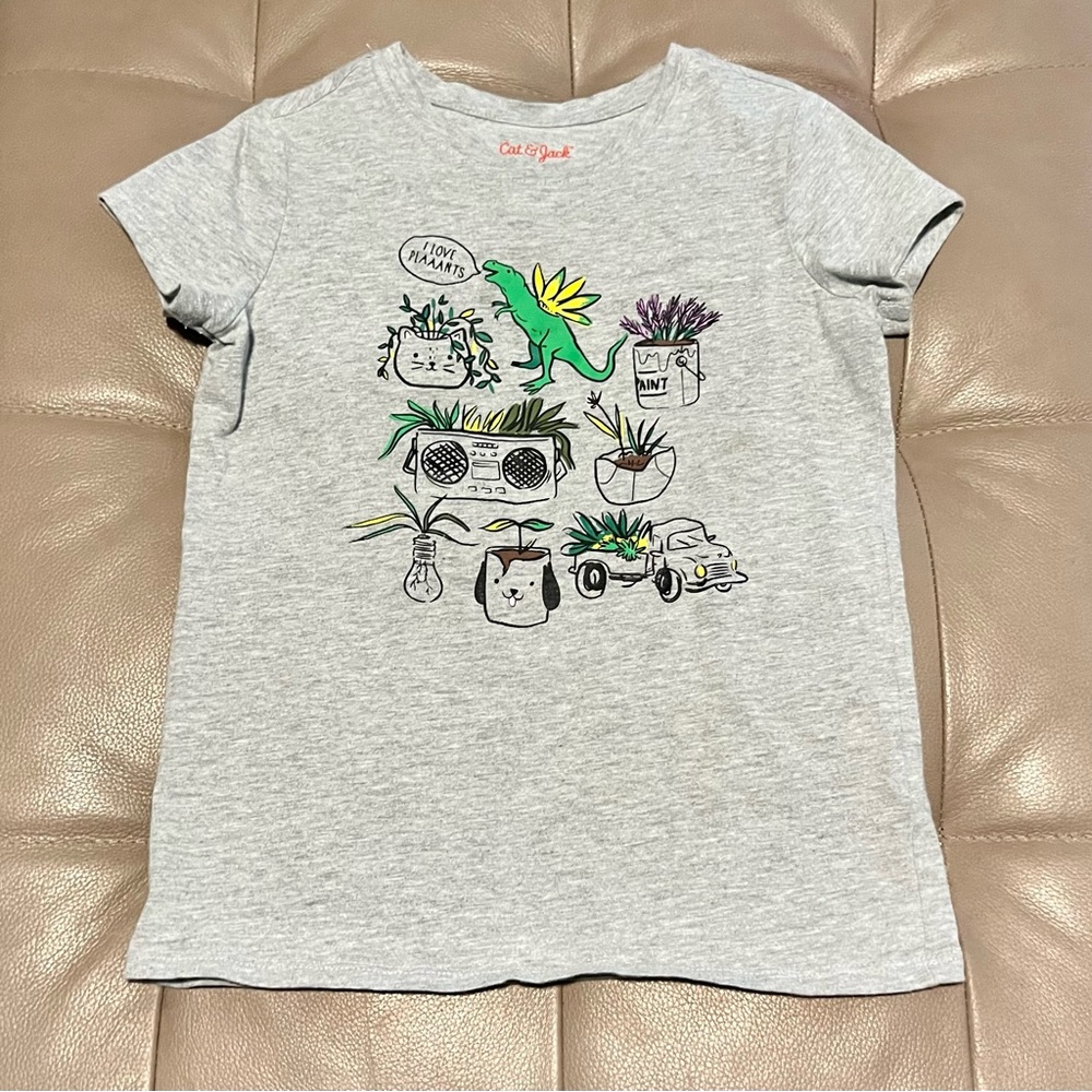 Cat and jack girls small grey plants dinosaur t shirt